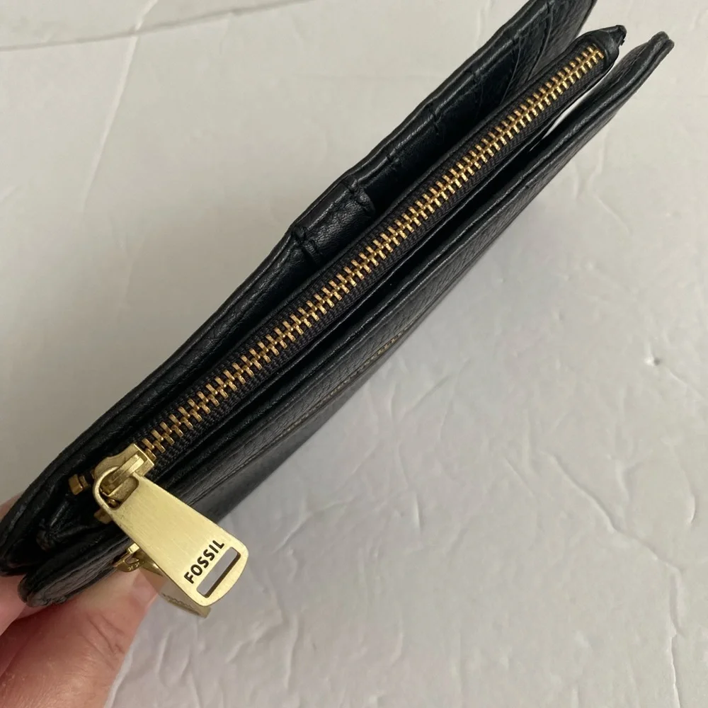 Fossil Black Pebbled Leather Zip-Around Wallet with Gold Hardware